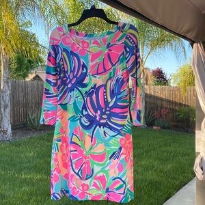 Lily Pulitzer dress, tropical palm leaves, hot pink, blue, green, size XS